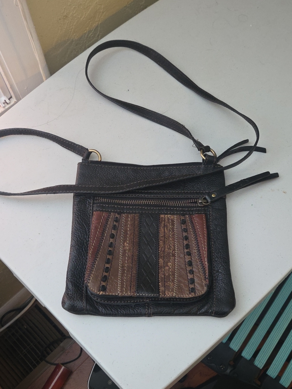 Crossbody Leather Patchwork Bag in Brown and Black